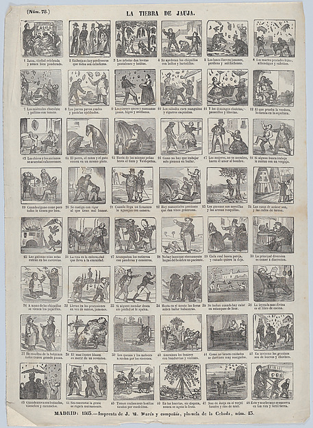 Broadside with 48 scenes depicting the land of Jauja