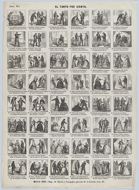 Broadside with 48 scenes relating to the comedy 'El Tanto por Ciento'