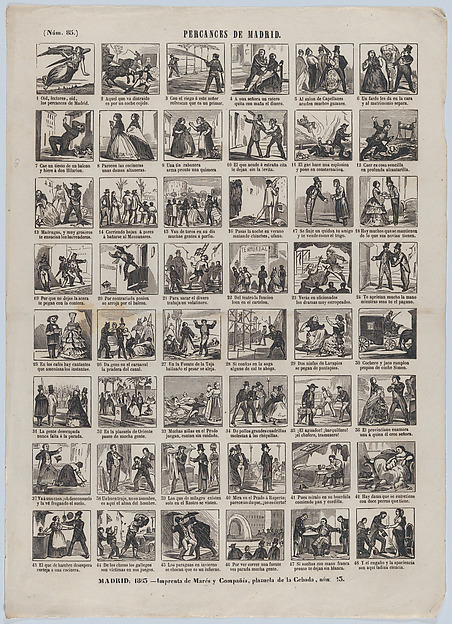 Broadside with 48 scenes depicting the mishaps in/of Madrid