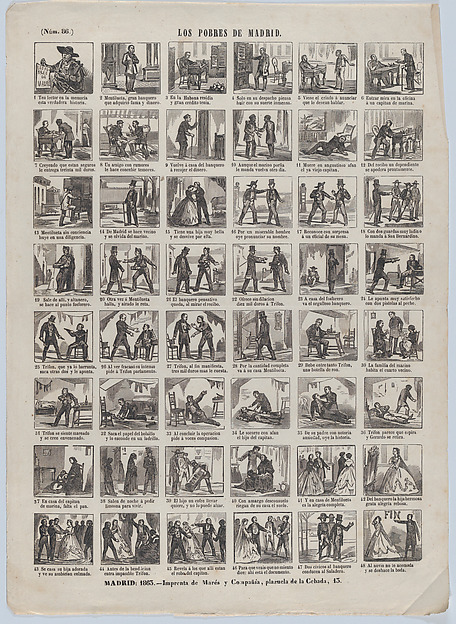 Broadside with 48 scenes relating to the poor people of Madrid