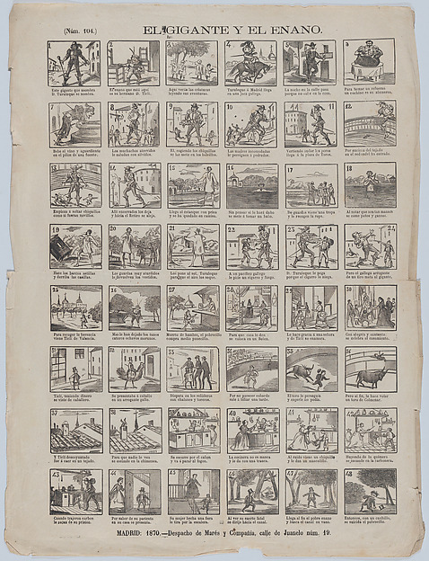 Broadside with 48 scenes relating to the giant and the dwarf