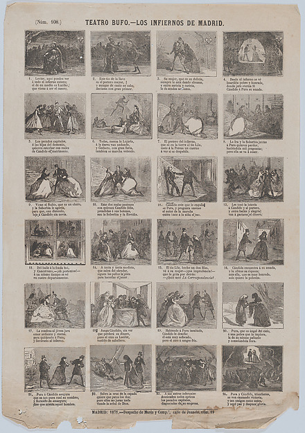 Broadside with 48 scenes relating to zarzuela(?) 'los infiernos de Madrid'