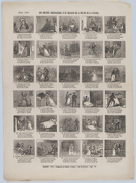 Broadside with 48 scenes relating to the unhappy lovers, or the miracle of the Virgin of the dove