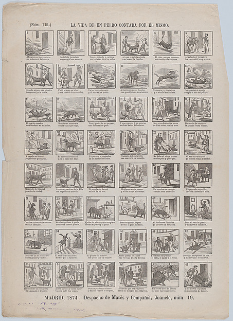 Broadside with 48 scenes relating to the life of a dog told by himself