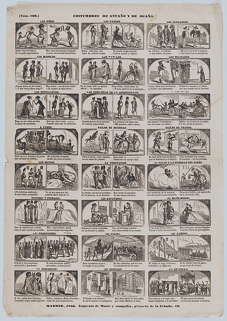 Broadside with 48 (24 pairs) scenes contrasting Spanish customs past and present