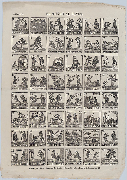 Broadside with 48 scenes relating to the world upside down