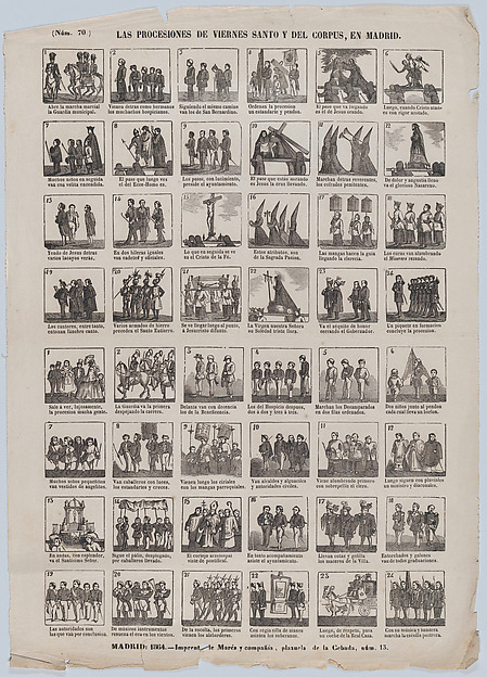 Broadside with 48 scenes showing the holy Friday procession in Madrid by José María Marés