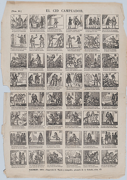 Broadside with 48 scenes depicting the adventures of the warrior El Cid Campeador