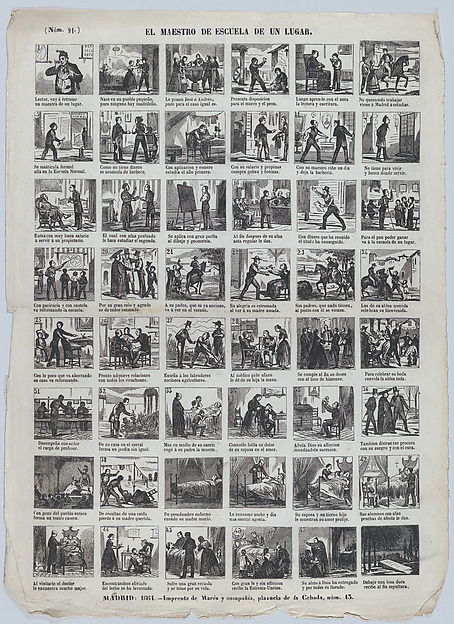 Broadside with 48 scenes depicting the experiences of a schoolteacher in an unknown small town ('de un lugar')