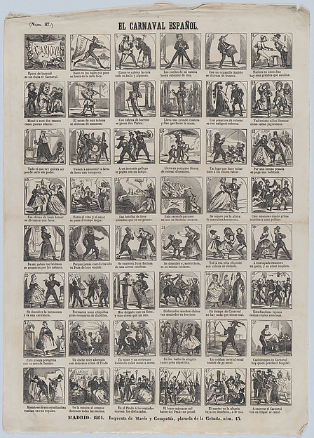 Broadside with 48 scenes depicting carnival in Spain