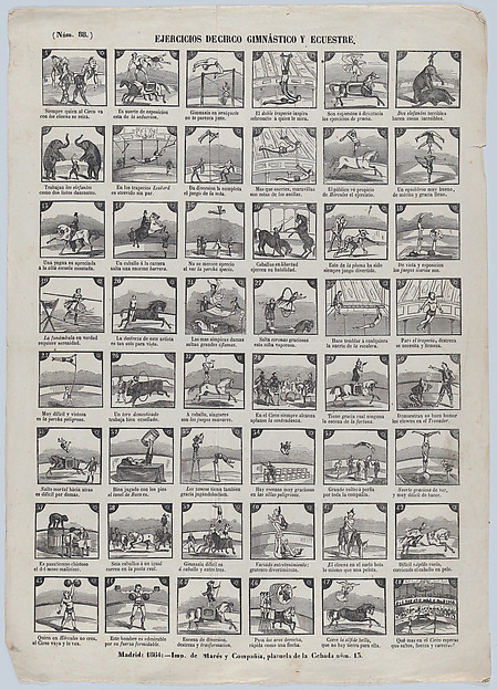 Broadside with 48 scenes depicting circus gymnastic and equestrian exercises