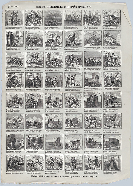 Broadside with 48 scenes depicting memorable events in Spain until 1840
