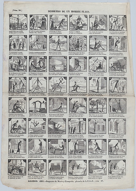 Broadside with 48 scenes depicting the misfortunes of a skinny man