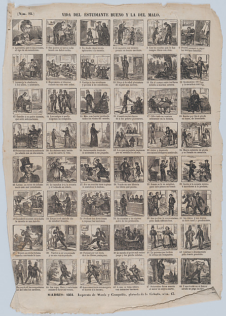 Broadside with 48 scenes relating to the lives of the good student and the bad student