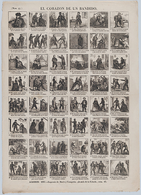 Broadside with 48 scenes relating to the heart of the bandit