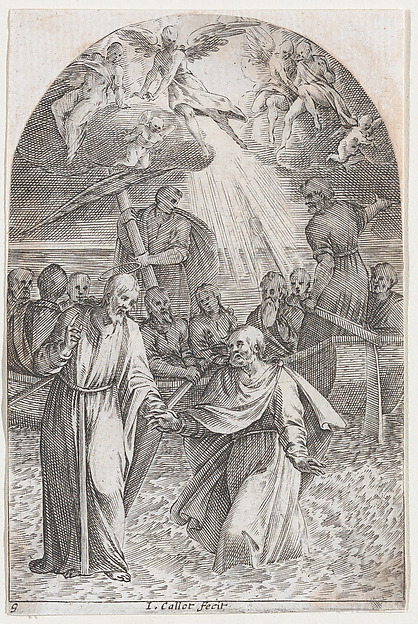 Christ Walking on Water, Holding the Hand of St. Peter (Second Composition), plate 9 from "Les Tableaux de Rome, Les Eglises Jubilaires" (The Paintings of Rome, The Churches Jubilee) by Jacques Callot