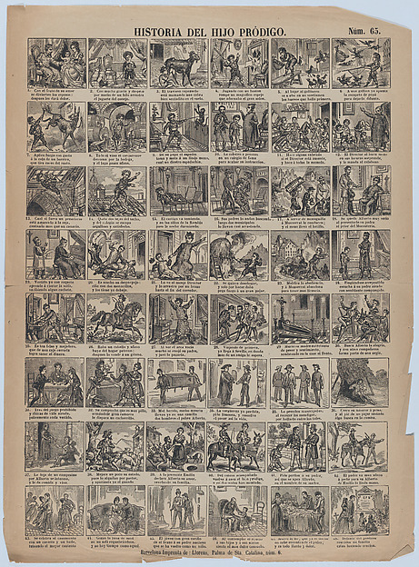 Broadside with 48 scenes relating to the story of the prodigal son by Juan Llorens