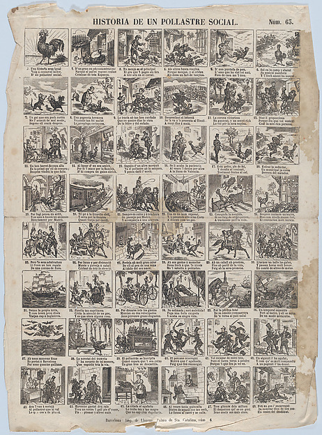 Broadside with 48 scenes telling the story of the chicken (social advancement and decline)