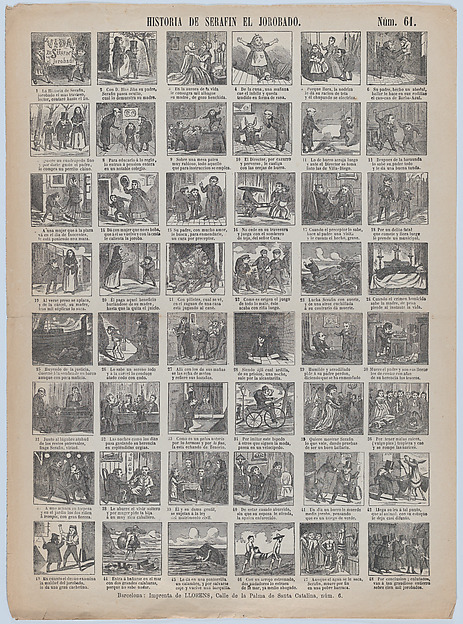 Broadside with 48 scenes relating to the life hunchback