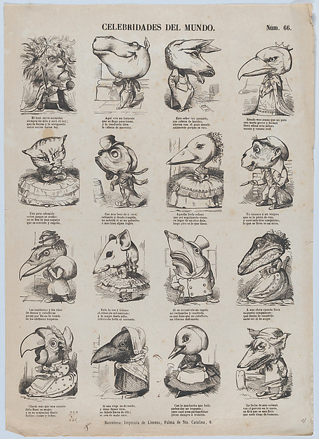 Broadside with 16 caricature figures representing celebrities of the world
