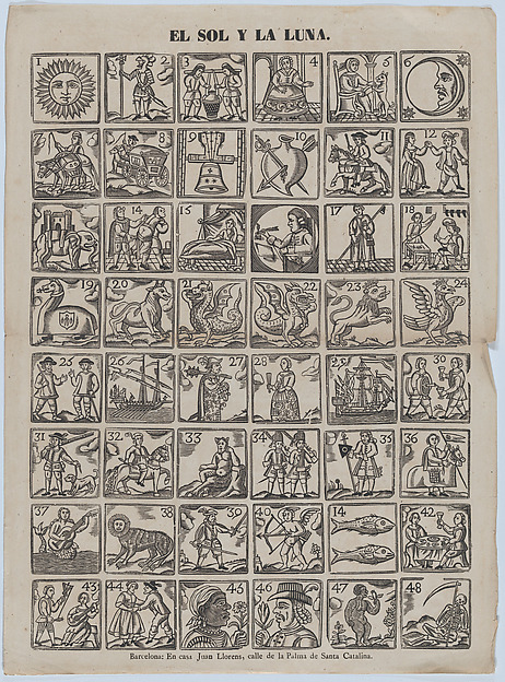 Broadside with 48 allegorical figures pertaining to the sun and the moon