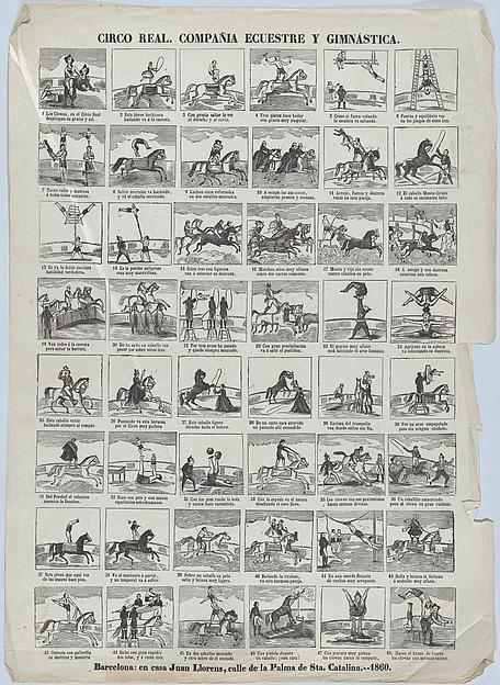 Broadside with 48 scenes depicting the equestrian and gymnastic moves of the royal circus