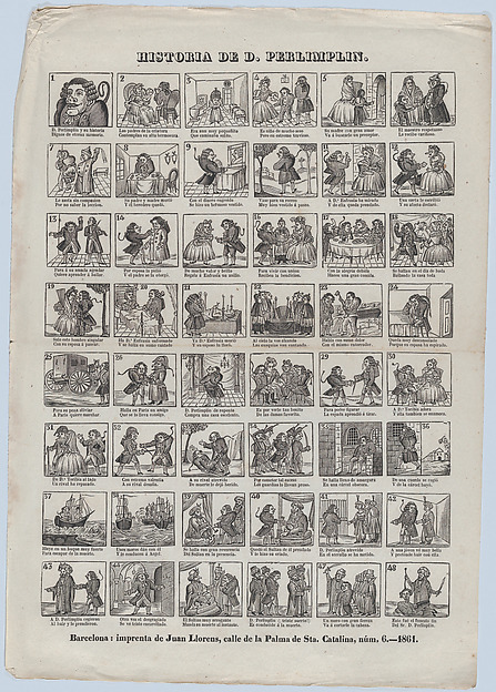 Broadside with 48 scenes relating to the story of Don Perlimplin