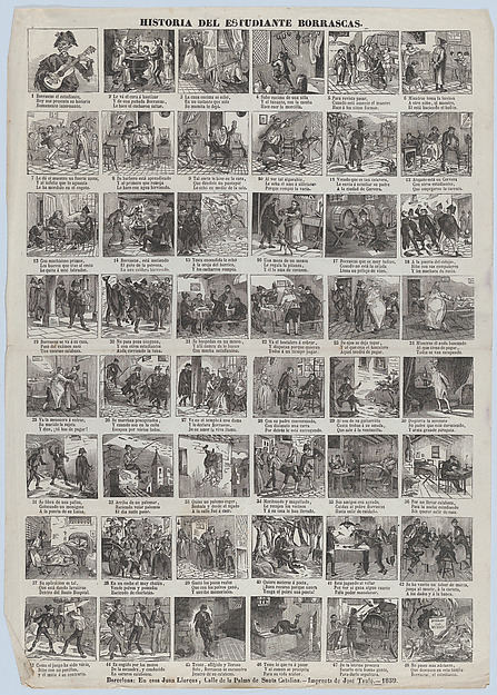 Broadside with 48 scenes of the life of Borrascas the student