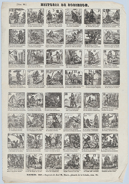 Broadside with 48 scenes showing the life of Robinson Caruso