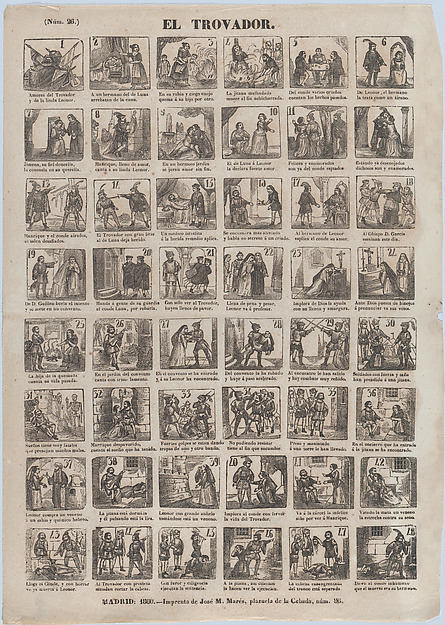 Broadside with 48 scenes relating to the life of a troubadour