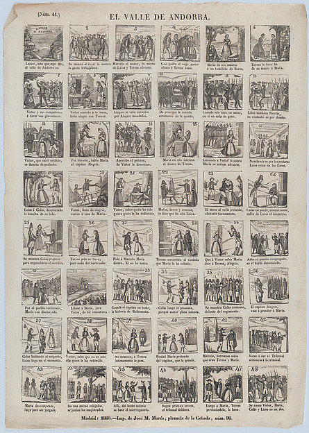 Broadside with 48 scenes from the zarzuela in three acts, 'The Valley of  Andorra'