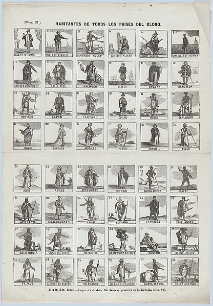 Broadside with 48 scenes depicting the people of the world