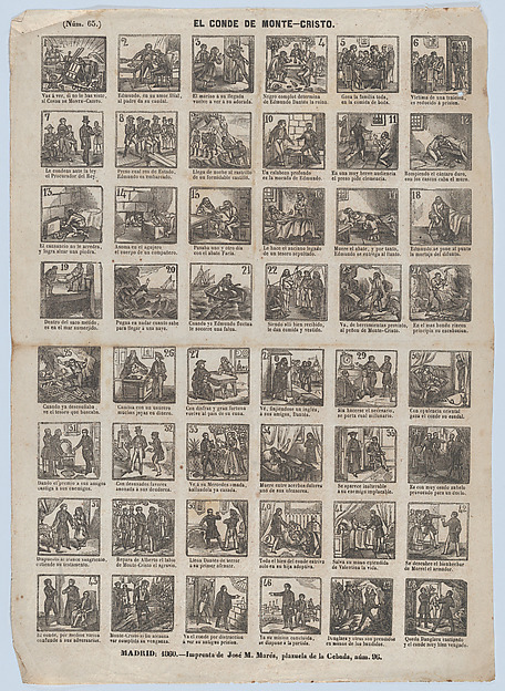Broadside with 48 scenes from the life of the Count of Monte Cristo