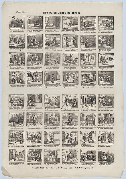 Broadside with 48 scenes from the life of a male servant