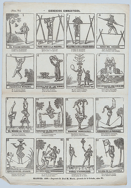 Broadside with 16 scenes showing gymnastic exercises