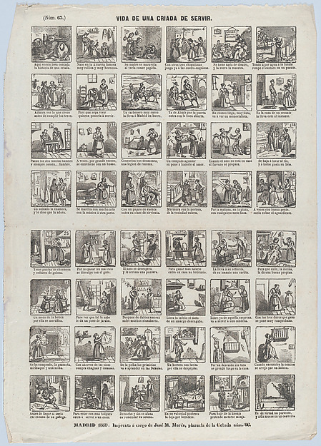 Broadside with 48 scenes depicting the life of a servant girl