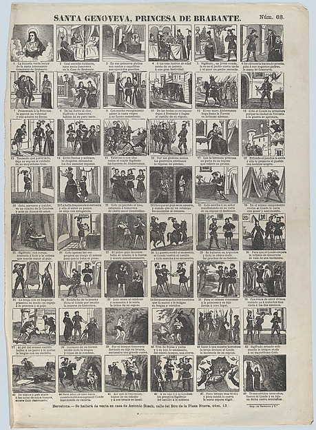 Broadside with 48 scenes depicting the life of Genevieve of Brabant