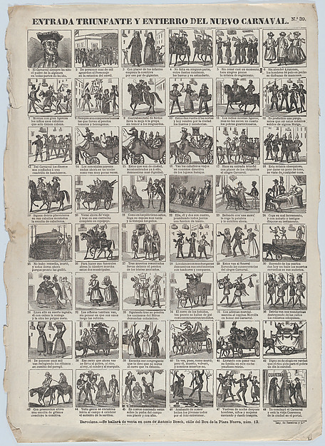 Broadside with 48 scenes relating to carnival in Barcelona