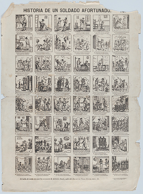 Broadside with 48 scenes relating to the life of the lucky soldier