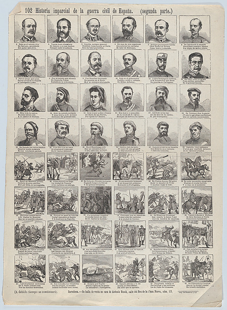 Broadside with 48 scenes telling the 'impartial' story of the civil war in Spain (Part 2)