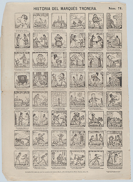 Broadside with 48 scenes relating to Marqués Tronera