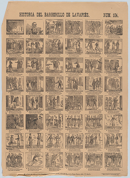 Broadside with 48 scenes relating to the zarzuela barberillo of Lavapiés