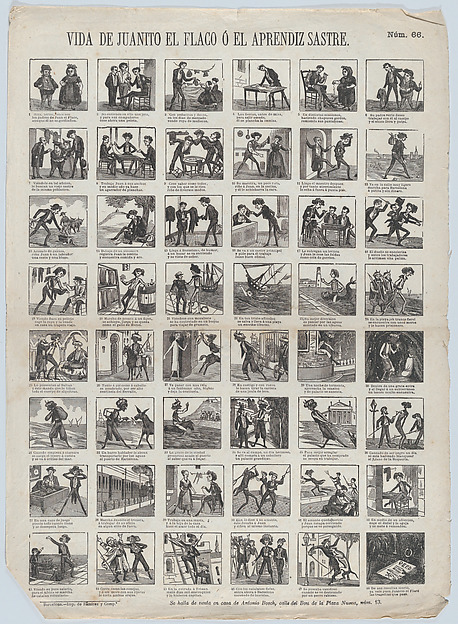 Broadside with 48 scenes relating to the life of Juanito the Skinny one, or, the apprentice tailor