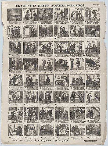 Broadside with 24 scenes relating to vice and virtue, lessons for children