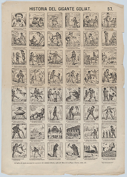 Broadside with 24 scenes relating the story of Goliath the Giant