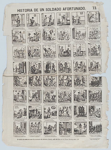 Broadside with 48 scenes relating to the life of the lucky soldier