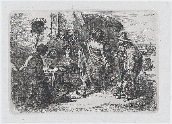 Plate 5: a drunk and dishevelled man dancing in the street surrounded by a group of onlookers, from the series of customs and pastimes of the Spanish people