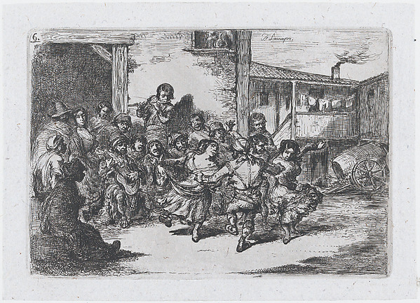 Plate 6: people dancing in the street accompanied by musicians, from the series of customs and pastimes of the Spanish people