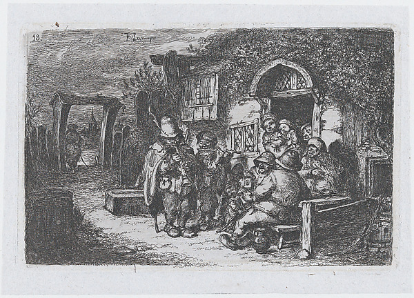 Plate 18: street musicians and other figures outisde a tavern, from the series of customs and pastimes of the Spanish people