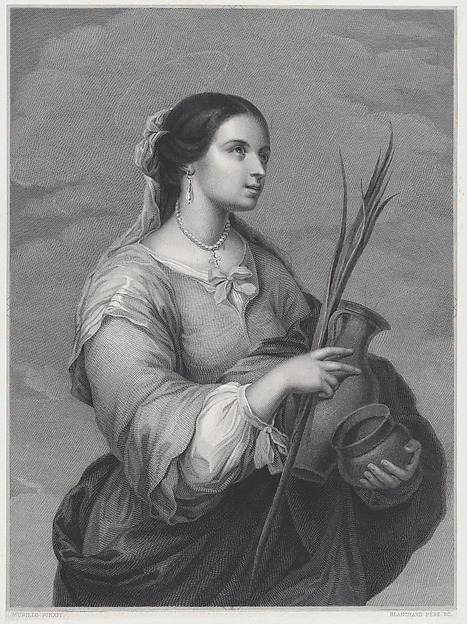 St Justa, three-quarter length, turned to right, holding two pots and a palm